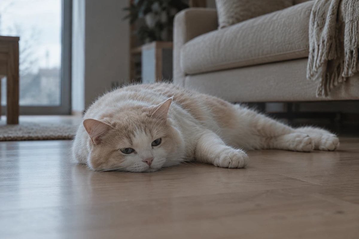 Gato aburrido tumbado en el suelo del salón, sin ganas de jugar