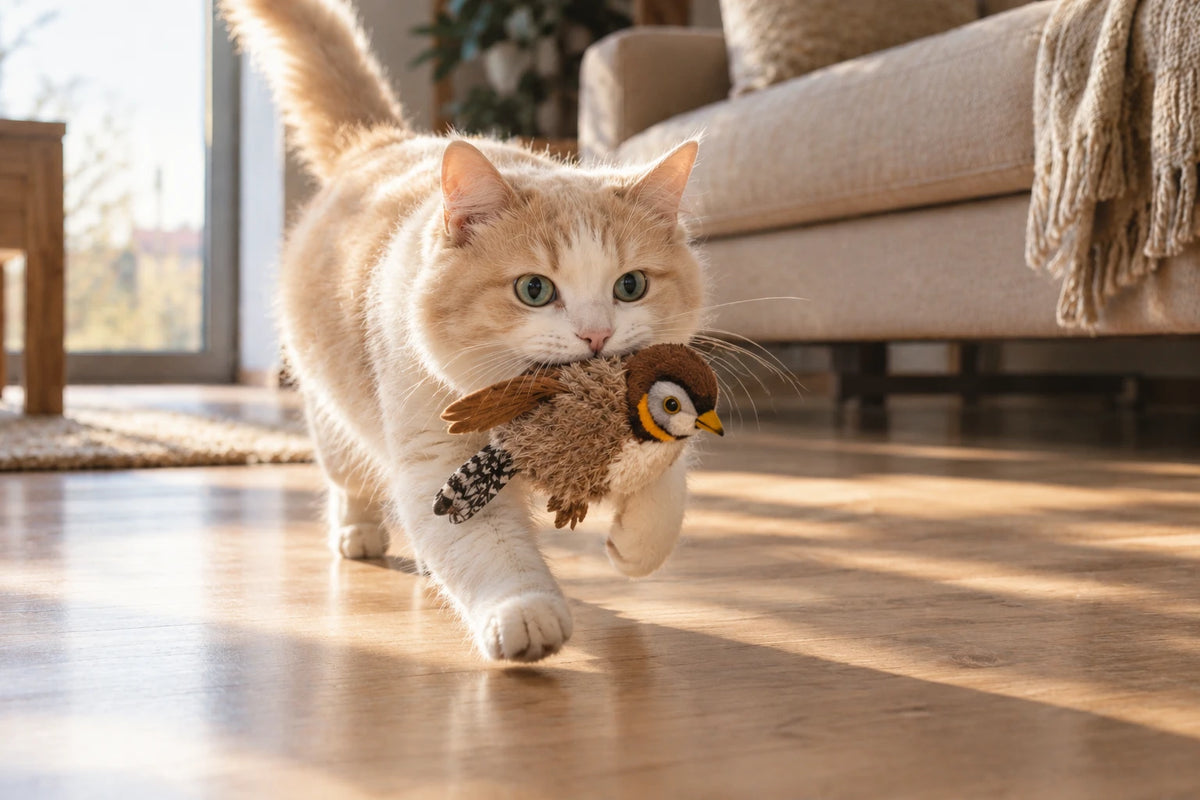 Gato feliz corriendo por el salón con el pajarito interactivo en la boca