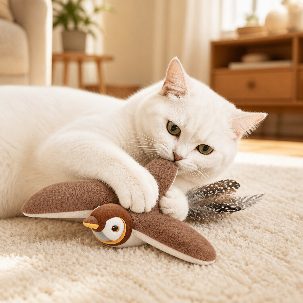 Gato blanco abrazando y mordisqueando el pajarito de peluche