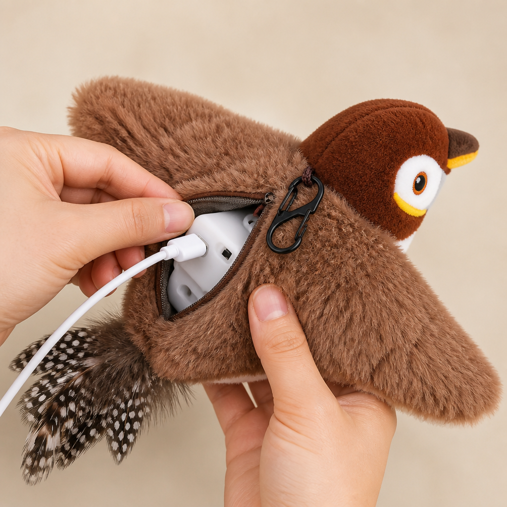 Pajarito con la cremallera abierta cargándose con el cable USB