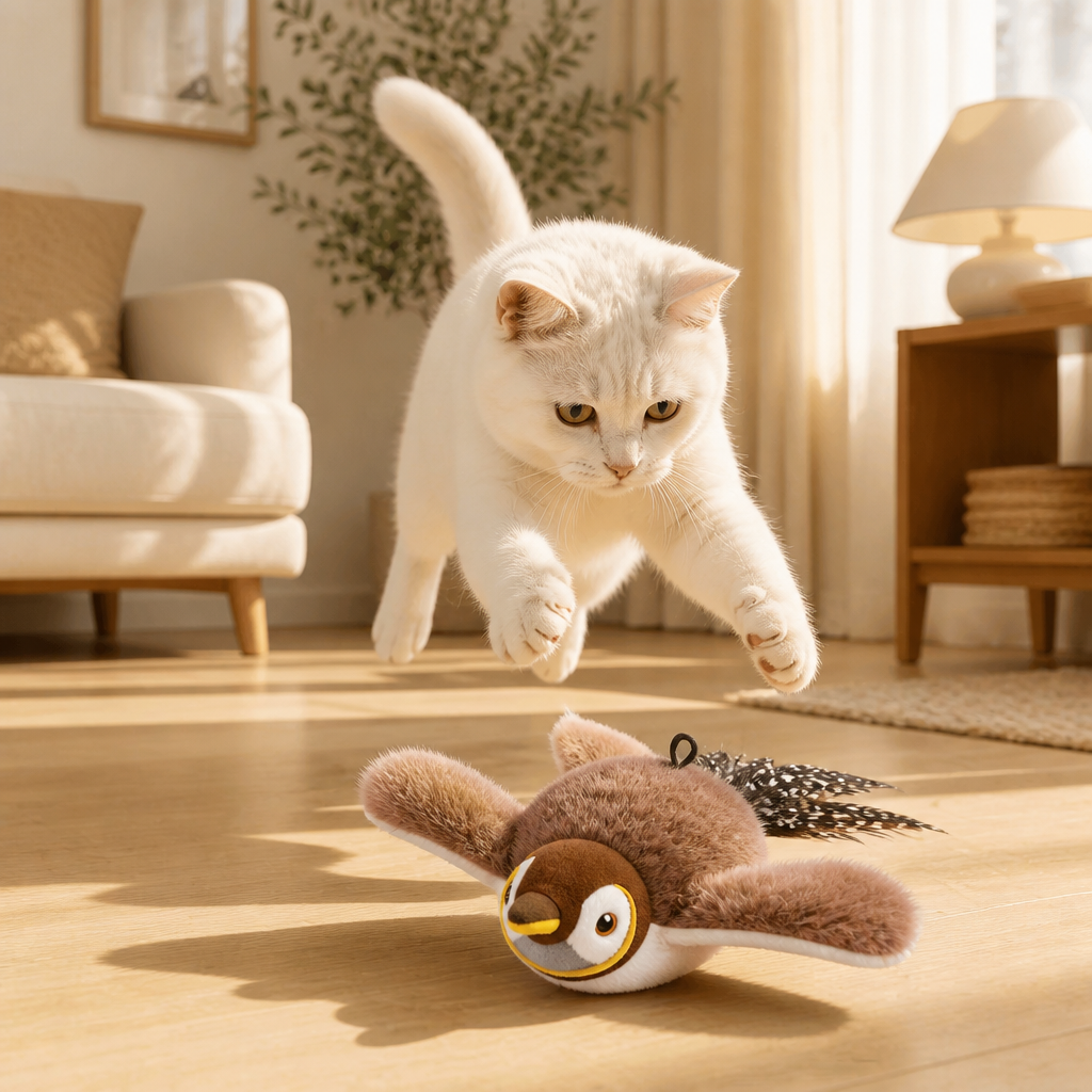 Gato blanco saltando hacia el pajarito interactivo en el salón